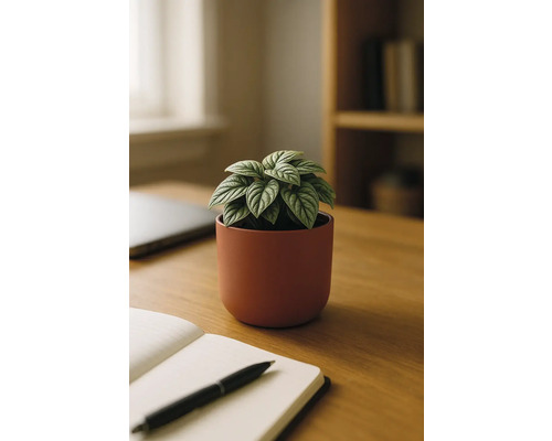 Tafeldecoratie met sierasperges in keramische pot, notitieboek en pen