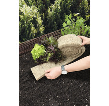 Moestuin met slaplanten en een rol plantenmat van natuurvezels op de grond.
