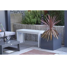 Tuinscene met tuinbank, tafel, plant en decoratie voor buiten