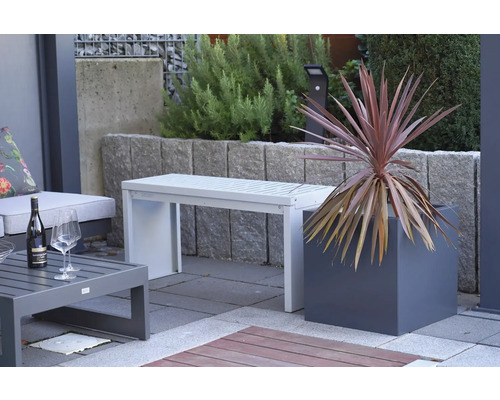 Tuinscene met tuinbank, tafel, plant en decoratie voor buiten