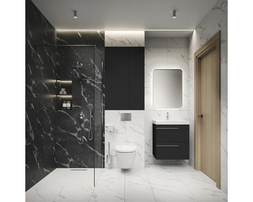 Moderne badkamer met douche, wastafel, spiegelkast en toilet.