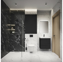 Moderne badkamer met douche, wastafel, spiegelkast en toilet in marmerlook.