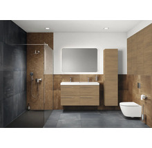 Moderne badkamer met douche, wastafel, spiegel en toilet in houtlook