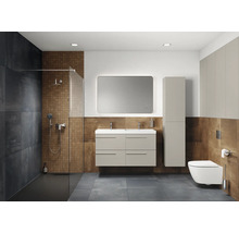 Badkamer met douche, wastafel, spiegel, hoge kast en toilet.