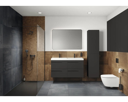 Moderne badkamer met douche, wastafel, spiegel, toilet en badmeubels in donkere tinten