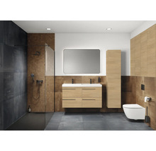 Moderne badkamer met douche, wastafel, spiegel, hoge kast en toilet