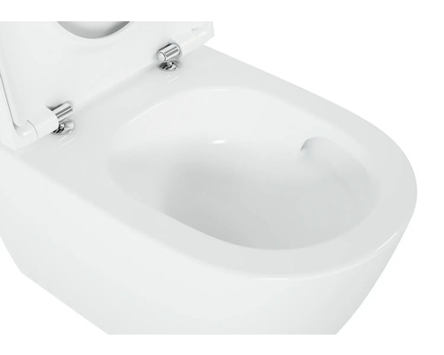 Gedetailleerd aanzicht van een wit hangtoilet met open deksel