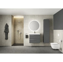 Moderne badkamer met douche, wastafel, spiegel, hoge kast en toilet.