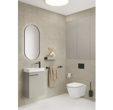 Badkamer met wastafel, spiegel, toilet en handdoekhouder