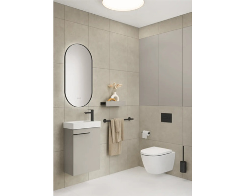 Badkamer met wastafel, spiegel, toilet en handdoekhouder