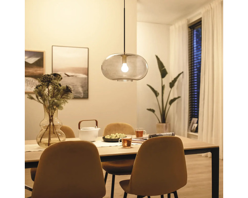 Eettafel met glazen hanglamp, stoelen en decoratie