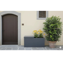 Scene met een plantenbak beplant met gele bloemen en een pot met een plant.