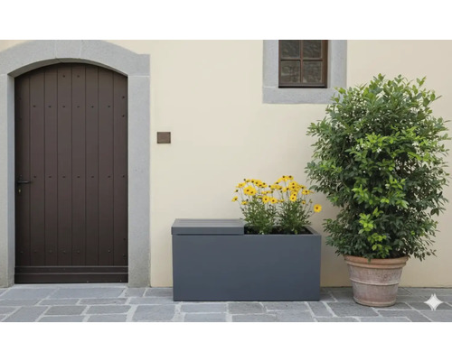 Scene met een plantenbak beplant met gele bloemen en een pot met een plant.