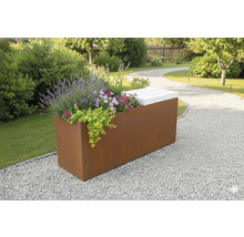 Tuin met plantenbak en zitgelegenheid