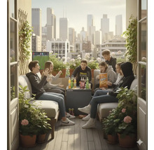 Groep tieners geniet van snacks en drankjes op een balkon met uitzicht op de stad.