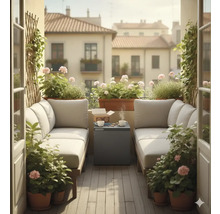 Balkon met zitplaatsen, tafel en planten