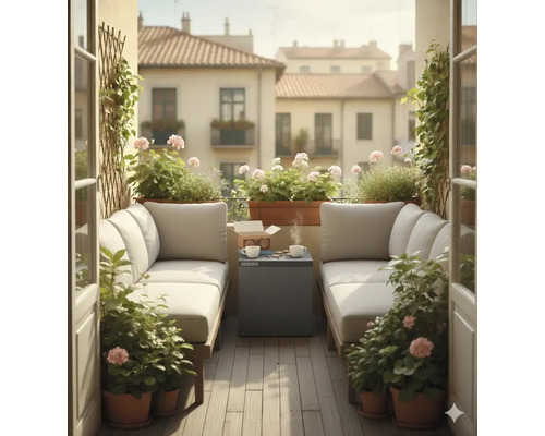 Balkon met zitplaatsen, tafel en planten