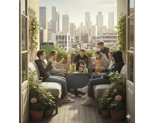 Groep jongeren kijkt televisie op een balkon met drankjes en snacks, met een stadsgezicht op de achtergrond.