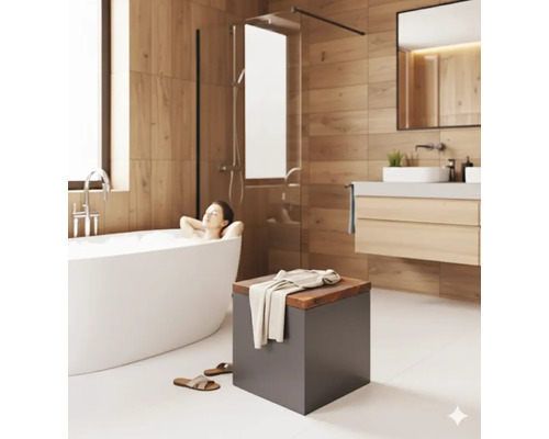 Badkamer met ligbad, wastafel en kruk