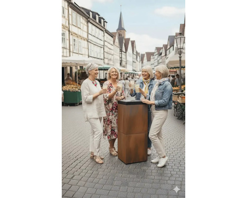 Vier vrouwen staan buiten aan een statafel en houden drankjes vast.