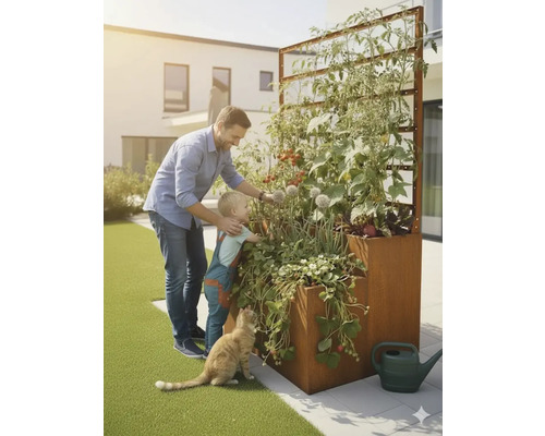Verhoogde tuinbak met trellis, beplant met groenten, met man, kind en kat in de tuin.