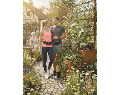 Koppel met heuptasjes staat in een tuin met een verhoogde border.