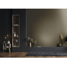 Woonkamer met houten lambrisering, plank en decoraties voor een gezellige sfeer