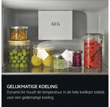 Een koelkast met verschillende ingelegde levensmiddelen en AEG logo.