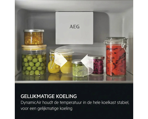 Een koelkast met verschillende ingelegde levensmiddelen en AEG logo.