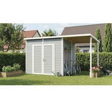 Tuinhuis met aanbouw en tuingereedschap in de tuin