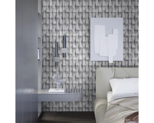 Slaapkamer met grijs 3D-behang, bed en nachtkastje