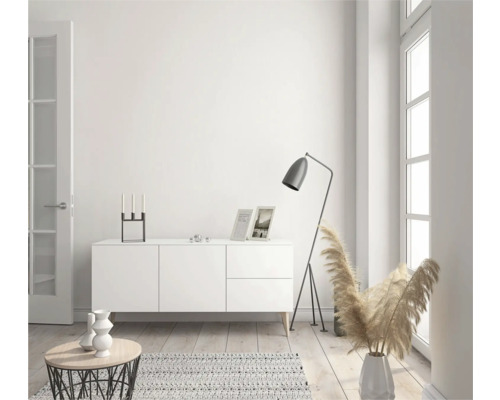 Woonkamer met dressoir, vloerlamp, decoratie en vloerkleed op houten vloer