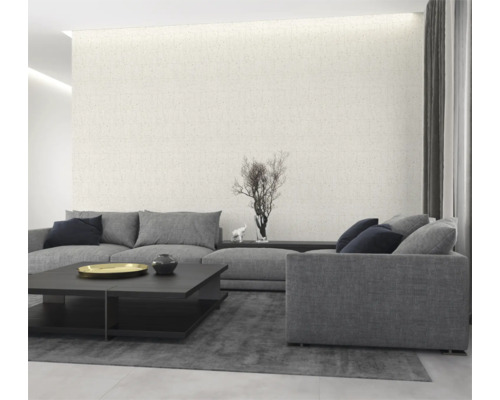 Woonkamer met grijze banken, zwarte salontafel en patroonbehang