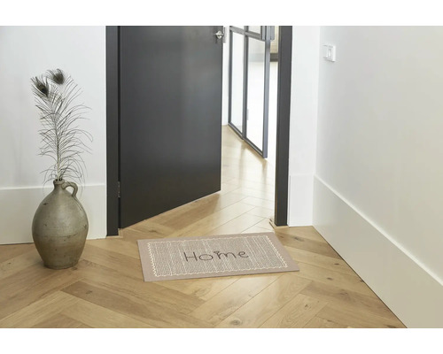 Scene met deurmat, deur en decoratie in de entree.