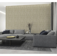 Woonkamer met grijze bank en patroonbehang