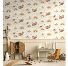 Kinderkamer met vliegtuigbehang, speelgoed en meubels