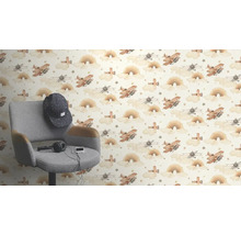 Behang met een patroon van vliegtuigen, regenbogen en sterren