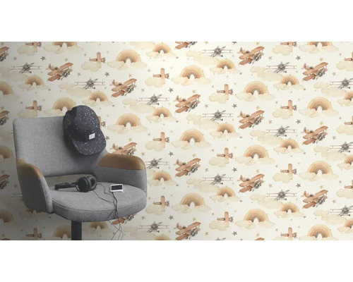 Behang met een patroon van vliegtuigen, regenbogen en sterren