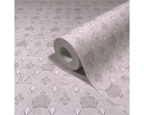 Rol vinylbehang met kronen-, letter- en ruitpatroon