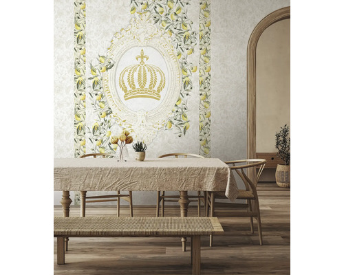 Eetkamer met bloemenbehang, tafel en zitbank