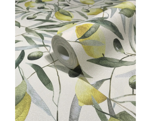 Rol behang met citroen- en olijfpatroon