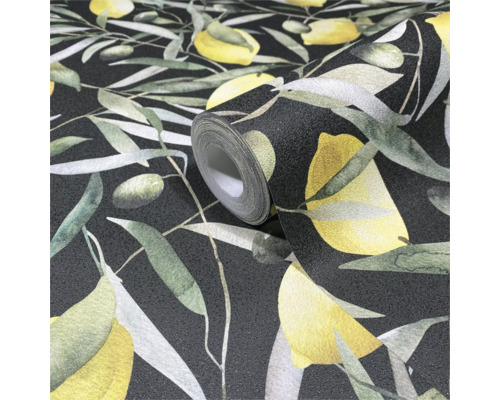 Rol behang met citroen- en olijfmotief