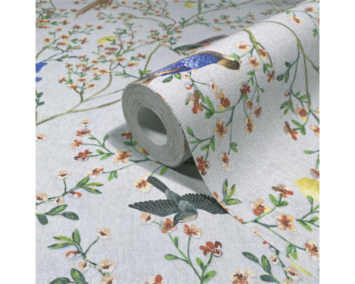 Rol behang met vogel- en bloemmotief