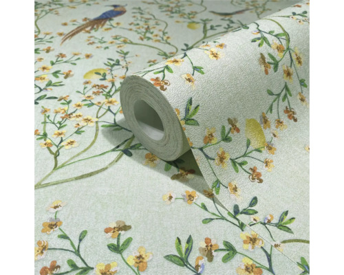 Rol behang met bloem- en vogelmotieven