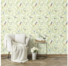 Kamerweergave met behang met vogel- en plantenmotief