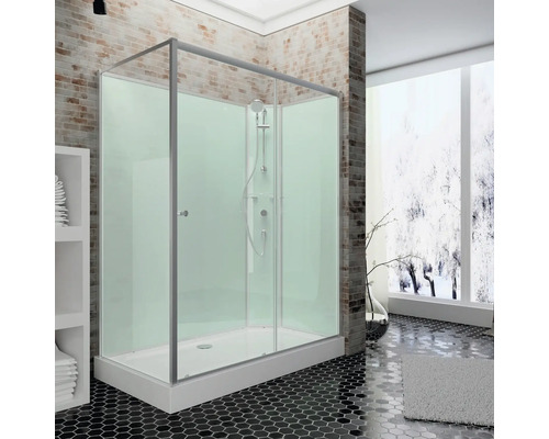 SCHULTE Complete douchecabine ExpressPlus Ibiza 120x80x204 cm Ruime douchecabine met handdouche en betegelde achtergrond in een lichte badkamer.