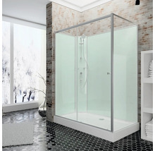 Vrijstaande douchecabine met douchegarnituur in een badkamer met tegelvloer