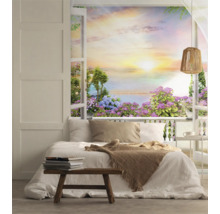 Lichte slaapkamer met uitzicht op tuinbehang