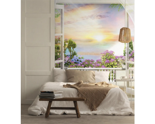 Lichte slaapkamer met uitzicht op tuinbehang