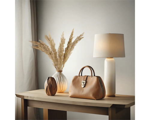 Decoratieve scène met tas, lamp en vazen op een houten tafel.